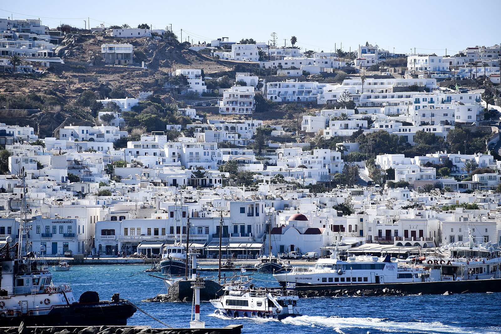 A view of Mykonos town from the old port